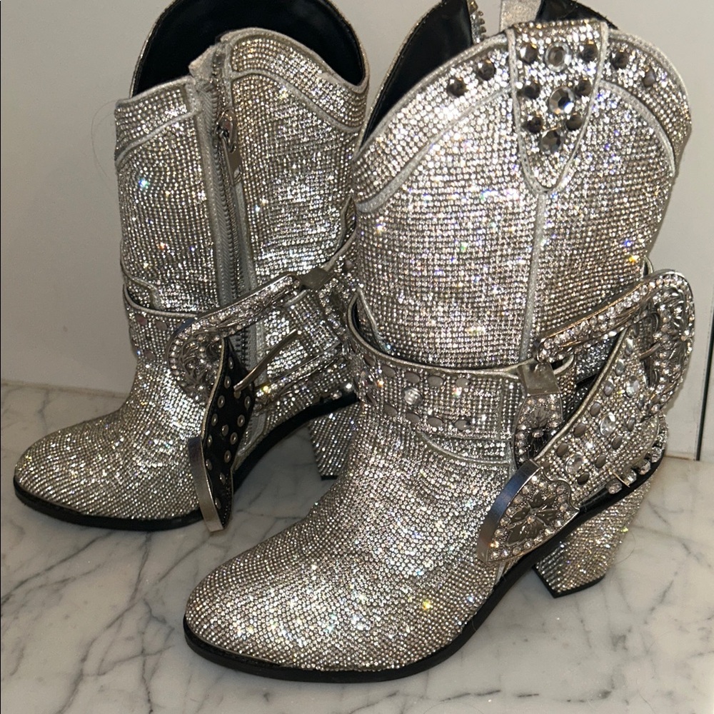 Silver Crystal Embellished Western Booties - Women